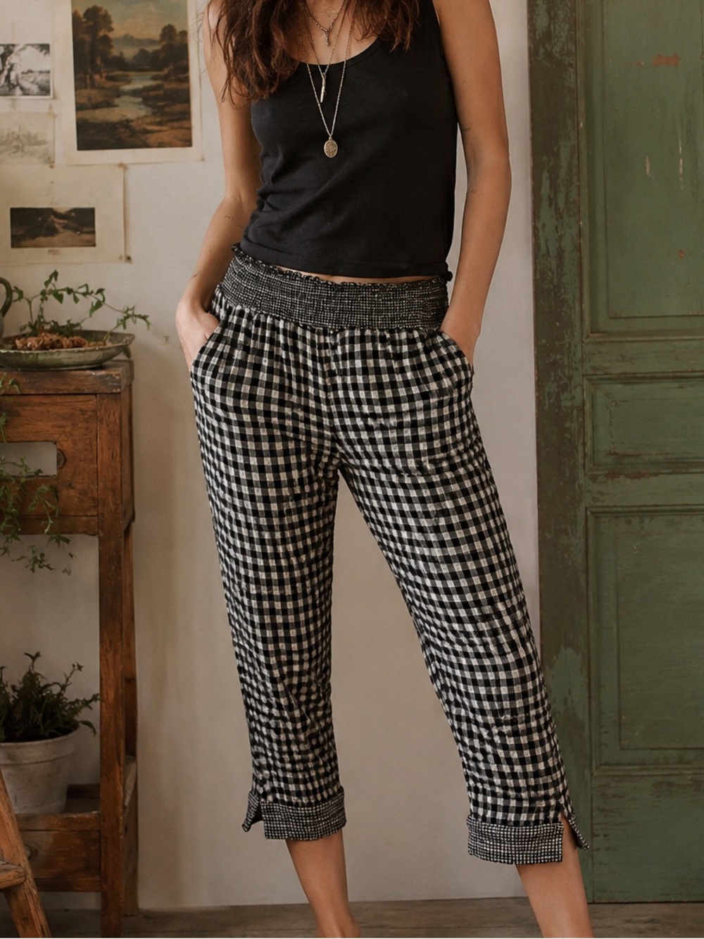 NWOT Anthropologie 100% Cotton Black & White Checkered Smocked Capri Lounge Pant